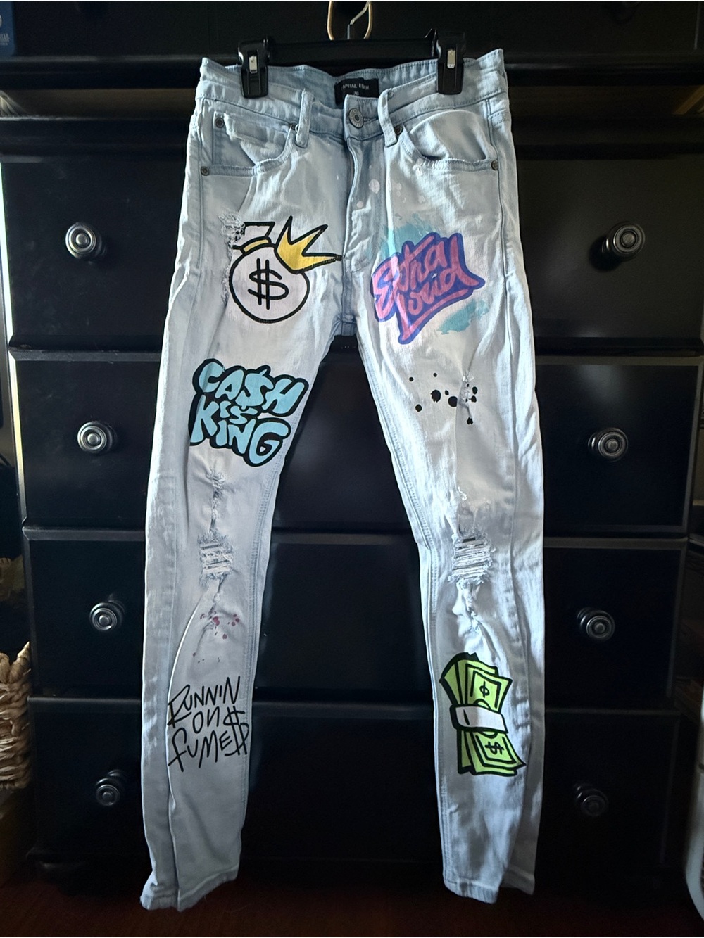 Light Blue Skinny Jeans with Graphic Patches - Unbranded
